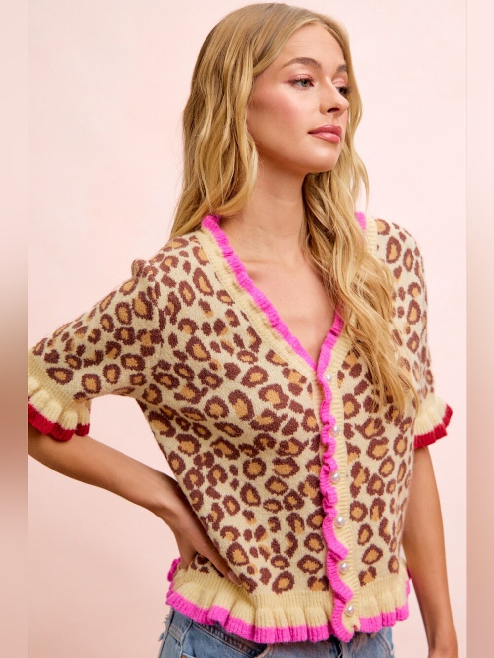 BiBi Leopard Patterned Ruffled Detail Button Cardigan- Fast Shipping!! - Picture 5 of 12